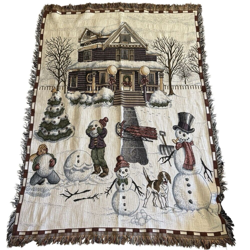 VINTAGE CHRISTMAS AFGHAN TAPESTRY THROW FRINGE 48” x 60” DOG HOUSE SNOWMAN